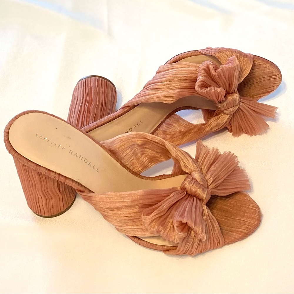 Loeffler Randall 9 Rose-Gold lame Penny heel pleated knot mule sandal cone bow
